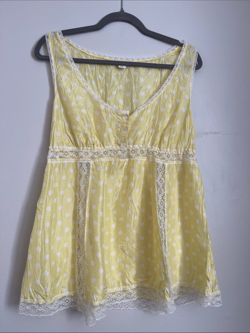Butter yellow polka dot silk baby doll top / slip
